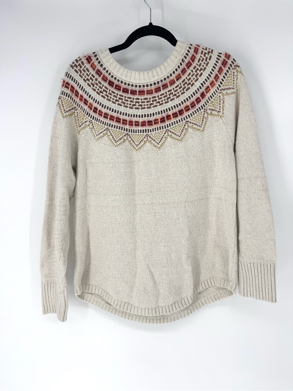 LOFT Cream Fair Isle Yoke Crewneck Sweater with Rust Accents